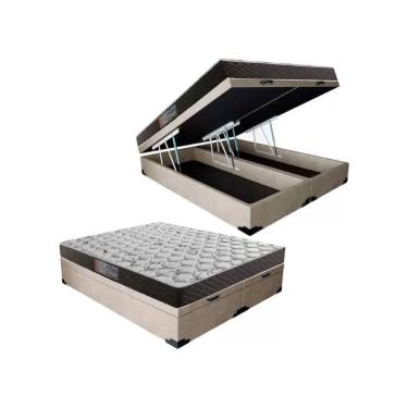 Imagem de Cama Box Baú Queen Colchão Mola Ensacada Belos Sonhos + Box Suede 71x158x198 Bege