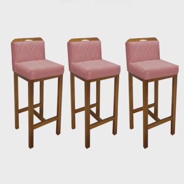 Imagem de Kit 03 Banqueta Alta Com Encosto Simon Cozinha Balcão Bistrô Base Madeira Carvalho Suede Rose Gold - Ahz Móveis