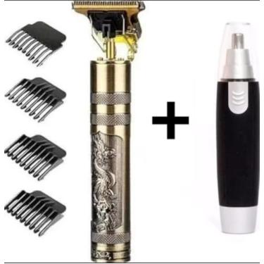 Imagem de Kit Barbeador Profissional com Aparador de Pelos, 2000mAh, Design Dragão Vintage, 4 Pentes Guia, Dourado
