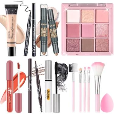 Imagem de YBUETE Kit de maquiagem para mulheres, meninas, adolescentes, conjunto de presente de maquiagem, inclui 9 sombras coloridas, palito, base, lápis de sobrancelha, delineador, rímel, brilho labial, 5