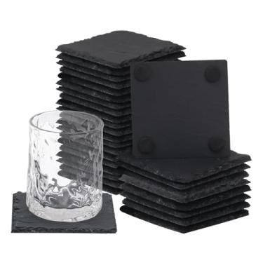 Imagem de Pacote com 30 porta-copos quadrados de ardósia de 10 cm, porta-copos de pedra preta com fundo antiarranhões, ideal para decoração de casa, bar, presentes de inauguração de casa e gravação a laser