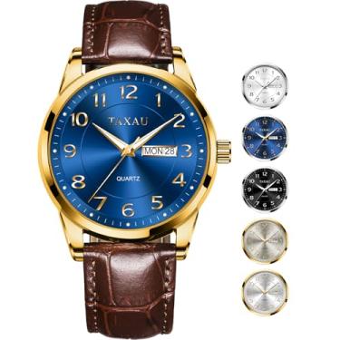 Imagem de Taxau Relógio social masculino à prova d'água, relógio de couro com data diurna, luxuoso, clássico, diamante, relógios de pulso masculinos, numerais arábicos, preto, azul, gary, mostrador branco