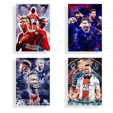 Imagem de Famoso Superstar do Futebol Ronaldo, Messi, Neymar e Mbape Conjunto de 4 Impressões de Cartaz Decoração de Parede Quarto para Sala de Estar Presente para Fã de Futebol - SEM MOLDURA - Tamanho (10 ×