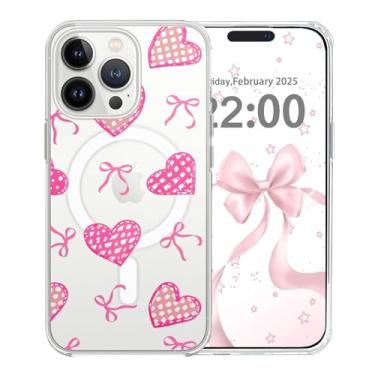 Imagem de xoniery Capa transparente para iPhone 16 Pro Max, compatível com Magsafe, coração de laço estético, proteção à prova de choque para idosos e capa transparente magnética sem amarelamento para mulheres