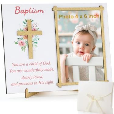 Imagem de Wesiti Porta-retrato de batismo com caixa de presente 10 x 15 cm, moldura de madeira para batismo, presentes de lembrança católica para meninas, meninos, chás de bebê, afilhados, lembrancinhas