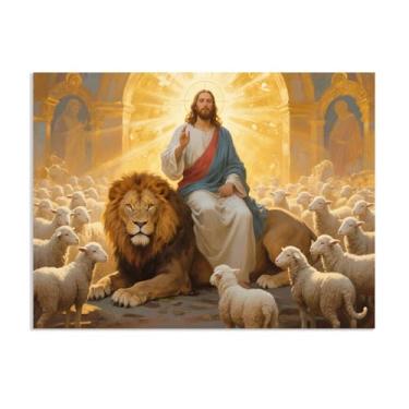 Imagem de SDYJ6GSW Leão de Judá, arte de parede, impressão em tela, Jesus sentado em um leão, pôster para salas de oração em casa, sala de estar, arte inspirada no símbolo de Jesus Cristo, 50 x 40 cm (20 x 16