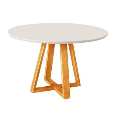 Imagem de Mesa De Jantar Luxo Tampo Mdf/vidro Redonda Para 4 Lugares Pés Madeira Maciça Pérola - Mel/off White