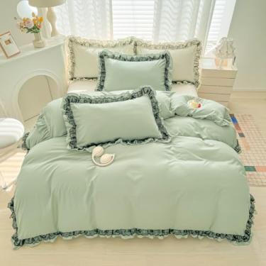 Imagem de IHOUSTRIY Conjunto de capa de edredom de renda preta com babados, roupa de cama branca de 3 peças, decoração de quarto de meninas fofas, capa de edredom 200 x 228 cm com fronha, edredom não incluído