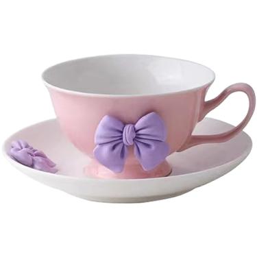 Imagem de Disoza Conjunto de canecas de café arco com pires caneca de coquete 200 ml porcelana violeta xícara de chá arco caneca fofa para mulheres meninas