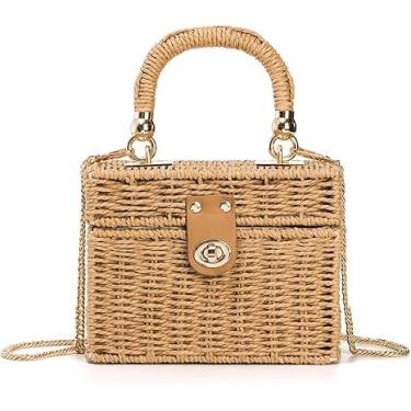 Imagem de Bolsa quadrada de palha, bolsa vintage feminina de vime, bolsa transversal de vime feita à mão, bolsa boho com alça de ombro removível para férias casuais de verão na praia chique, Marrom,