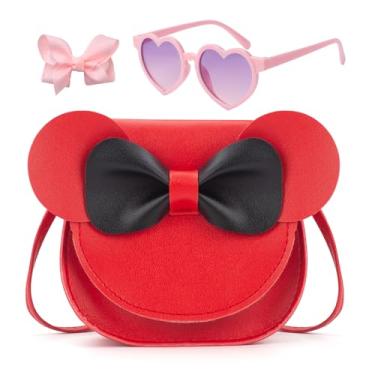 Imagem de LJCTULY Bolsa infantil para meninas - Bolsa tiracolo com laço de orelha de rato pequeno - Bolsa fofa para crianças de 2 a 8 anos - Conjunto de presente de aniversário para meninas (vermelha)