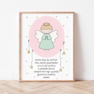 Imagem de Quadro Oração Santo Anjo do Senhor Anjinho Rosa Quarto Criança Bebê - 
