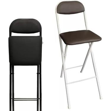 Imagem de Banco Alto Dobrável Com Encosto | Banqueta Alta Portátil Para Camping| Cadeiras Dobráveis De Altura De Balcão Com Assento Acolchoado|ideal Para Cozinha, Loja, Caf, Brown+white, 70cm/27.5in