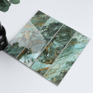 Imagem de HOMEART 32 peças de fundo de mármore verde, 7,6 cm x 30,5 cm, composto de pedra metrô brilhante, adesivo autoadesivo em azulejos de parede para cozinha, banheiro, lareira