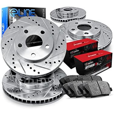 Imagem de R1 Concepts Rotores de freio traseiros dianteiros da série eLINE prata perfurada e ranhurada com ótimas pastilhas OEp compatíveis com Cadillac XLR 1997-2009, Chevrolet Corvette
