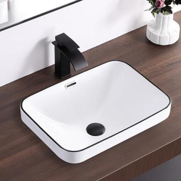 Imagem de KARAMAG Pia de vaso de banheiro 45 cm x 33 cm pia de banheiro semi embutida pia retangular com transbordamento branco com borda preta cerâmica arte moderna bacia