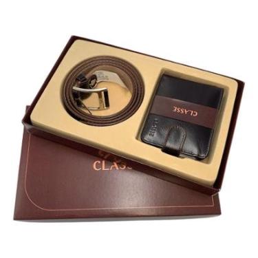 Imagem de Kit Classe Couro Carteira Cinto Social Botão Masculino 173-1 Café-Masculino