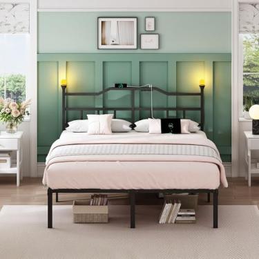 Imagem de YORMDMO Estrutura de cama completa com cabeceira, estrutura de cama de metal de 35,5 cm com luzes noturnas de entretenimento, tomadas e USB, plataforma básica de ripas de aço resistente, sem ruído
