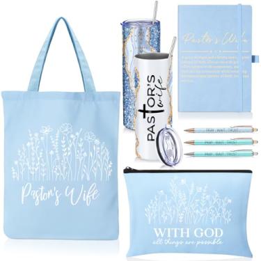 Imagem de Sieral Conjunto de 7 peças de presente de agradecimento de pastor esposa 590 ml de aço inoxidável reto com canudo bolsa de lona bolsa cosmética A5 diário caneta esferográfica fé cristã presentes
