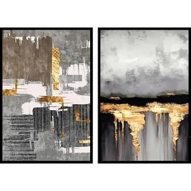 Imagem de Kit com 2 Quadros Decorativos Abstrato Pinceladas com Moldura Caixa, na posição Vertical, ideal para ambiente de Sala, Quarto e Hall