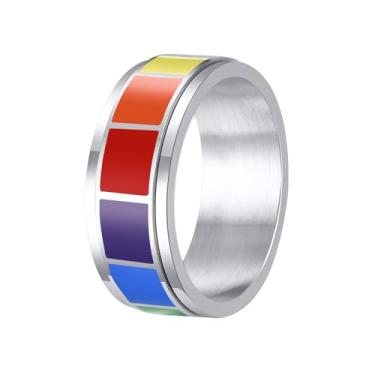 Imagem de Nanafast Anel Arco-íris Orgulho para Homens Mulheres 8 mm Spinner Anel de Orgulho Ansiedade Anéis LGBTQ Aço Inoxidável LGBT Fidget Anéis para Homens Mulheres, Metal, Sem pedra preciosa