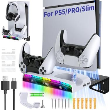 Imagem de Klipdasse Kit De Montagem Em Parede Para Ps5/Pro/Slim Com Estação Carregamento Dois Controles, Disco Flutuante E Digital Playstation 5, Luz Rgb 15 Polegadas, 3 Portas Usb Tipo C Suporte Fone Ouvido