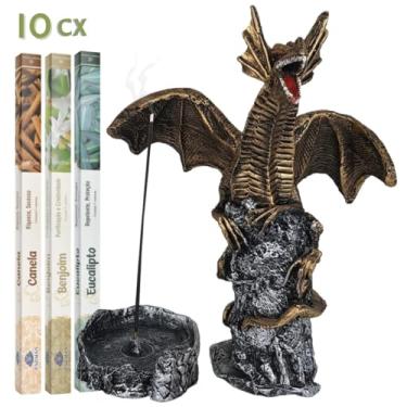 Imagem de Incensario Dragao Asas Abertas Porta Incenso Energia Positiva Decoração Resina(Incensario + 10 Incensos)
