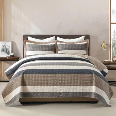 Imagem de QuiltEase Colchas listradas Queen – Conjunto de colcha de fazenda 100% algodão para todas as estações – Conjunto de colcha leve reversível de 3 peças – marrom/aveia/cinza carvão