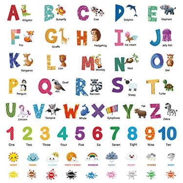 Imagem de 80 peças de adesivos de parede coloridos com números do alfabeto animal colorido ABC alfabeto aprendizagem educacional adesivo de parede removível para decoração de parede para quarto de crianças