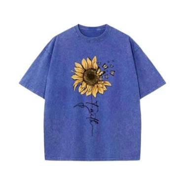 Imagem de Camiseta Oversized Feminina Vintage - Estampa de Girassol e Borboleta 