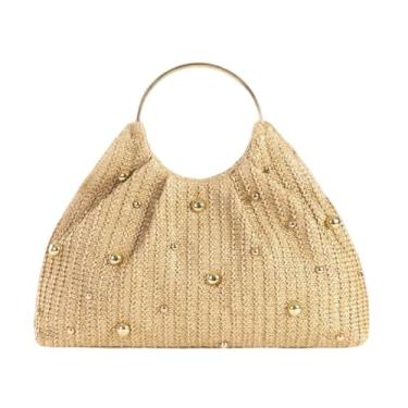 Imagem de GJHFCXSO Bolsas de Palha Femininas com Contas de Pérolas Trançadas Bolsa Clutch Elegante Bolsa de Mão Para Férias de Verão Na Praia Alça Superior,Yellow