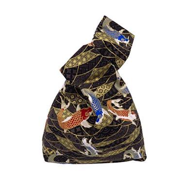 Imagem de BAR AUTOTECH Bolsa de pulso elegante de algodão com estampa japonesa, bolsa de mão, bolsa de lona portátil para mulheres, mulheres, Carpa preta, Cotton
