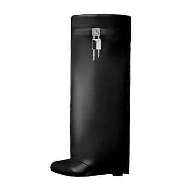 Imagem de Arqa Botas femininas dobráveis na altura do joelho com salto cunha coberto, botas de tubarão, botas de panturrilha largas, modernas, de festa, botas de bico amêndoa, Preto, 36