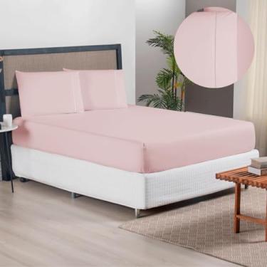 Imagem de Jogo de Lençol Casal Queen 300 Fios Em Poliéster Kit 3 Peças Lençol De Elástico + 2 Fronhas Com Ponto Palito (Jogo De Lençol Rosa)