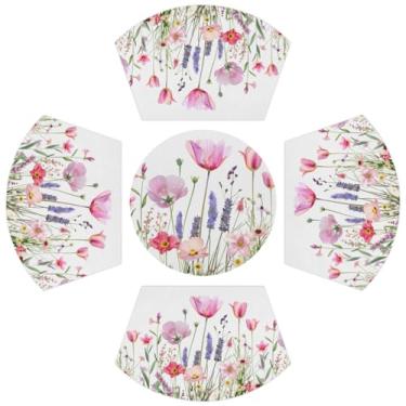 Imagem de Conjunto de 5 jogos americanos de mesa redonda com tapete redondo de mesa central, flores silvestres resistentes ao calor de PVC antiderrapante para cozinha, mesa de jantar, decoração de festa