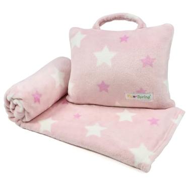 Imagem de VigorSpring Conjunto de travesseiro e cobertor infantil 3 em 1 – Design de estrela rosa macio de 102 x 152 cm | Cobertor de viagem compacto com bolsa | Ideal para viagens, acampamento, passeios de