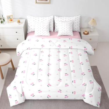 Imagem de Jogo de cama solteiro com estampa de cereja e cerejeira, 7 peças, para crianças, meninas, frutas silvestres frescas, cama em uma bolsa com edredom, lençóis, fronhas, rosa, verde, branco