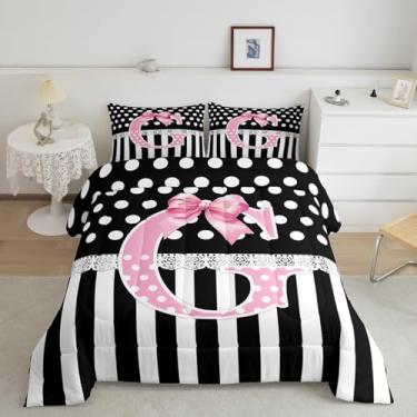 Imagem de jejeloiu Conjunto de edredom com laço rosa, solteiro, personalizado, letra G, para meninos e meninas, edredom com pontos brancos, monograma, estilo princesa romântica, iniciais G, 2 peças com 1 fronha