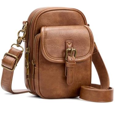 Imagem de Pequena bolsa transversal para celular feminina vintage mini bolsa transversal com compartimentos para cartões, bolsa carteira de telefone de couro vegano, Marrom, 7.5 x 5 x 2.8 inches