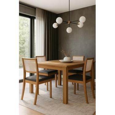 Imagem de Cadeira de Jantar Luxo Palha Estofada Linho Cinza Encosto em Tela Sextavada Rubi Madeira Maciça Mel