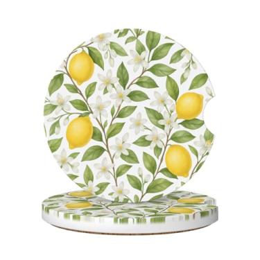 Imagem de Neukim Pacote com 2 porta-copos de carro de limão amarelo, 6 cm aquarela floral folha verde antiderrapante porta-copos absorvente de cerâmica com base de cortiça e entalhe de dedo acessórios para