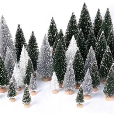 Imagem de Mini árvores de Natal com 30 unidades com base de madeira verde+prata+
