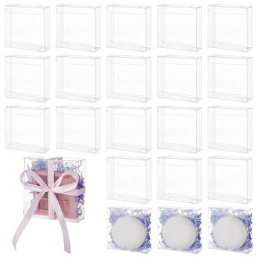 Imagem de BENECREAT 50 caixas de presente de PVC transparente, 9 x 9 x 3,5 x 3,5 cm caixas de lembrancinhas de casamento de PVC para chocolate doce, presente de aniversário, lembrancinha de festa, embalagem de
