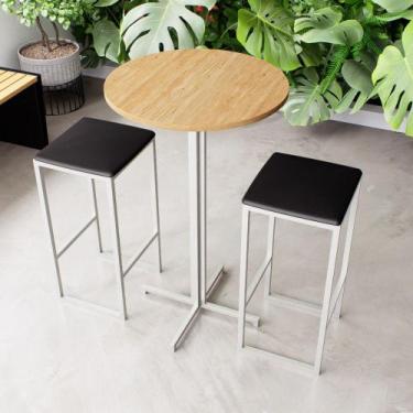 Imagem de Conjunto Mesa Alta Bar Bistrô Redonda Pinus 2 Bancos Estofado Industri