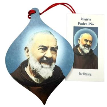 Imagem de Ornamento de São Padre Pio Decoração de Natal de Madeira com Conjunto de Cartão Santo de Oração Sagrada Feito nos EUA