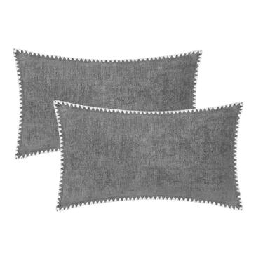Imagem de BRAWARM Capas de almofada 30 x 50 cm - Capas de travesseiro cinza de chenille com tubulação, pacote com 2 fronhas de chenille macias tingidas sólidas para sofá, cama, decoração de casa