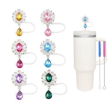 Imagem de 6 peças de tampas de palha de diamantes vintage de 10 mm para copo Stanley, tampas de palha de silicone compatíveis com copos Stanley de 30 e 1,134 g com alça, tampas reutilizáveis à prova de poeira