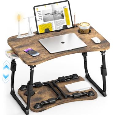 Imagem de Mesa de colo para cama de altura ajustável, mesa de cama dobrável com gaveta de armazenamento, compartimento para tablet e suporte de copo, suporte portátil para laptop para cama e sofá, mesa de cama
