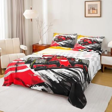 Imagem de Jogo de lençol Queen com estampa de carro de corrida, com bandeira quadriculada, esportes radicais, para adolescentes, meninos, abstrato, graffiti, moderno, 4 peças (elástico + plano + 2 fronhas)