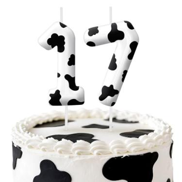 Imagem de Velas de aniversário de vaca, decoração de topo de bolo de 6 cm, número 17 velas, decorações de aniversário, decorações de bolo de festa de aniversário, suprimentos de festa